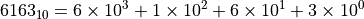 6163_{10}=6\times10^3+1\times10^2+6\times10^1+3\times10^0